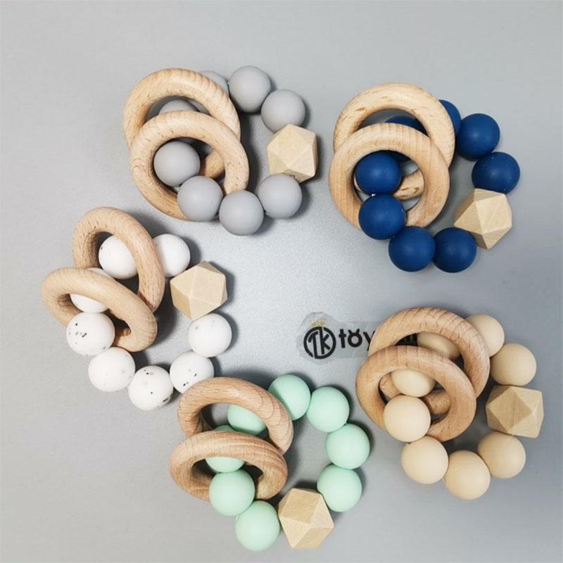 Silicone Wooden Teethers for Babies Wooden Teething Toys Silicone Baby Teether with Wooden Rattle Silicone Teething Toy for Over 3 Newborn Months Baby