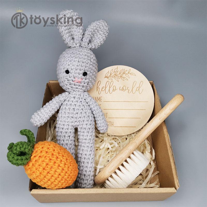 Crochet Baby Gift Set, Amigurumi Bunny, Carrot Rattle, Goat Brush, Wood Milestone for Wholesale